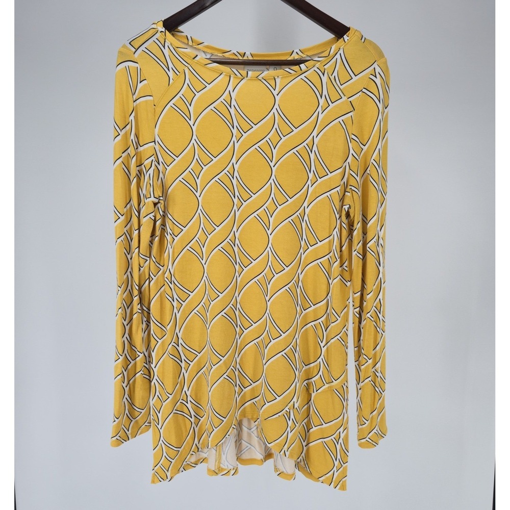 Chicos Zenergy Shirt Womens Small Yellow White Black Long Sleeve Patterned Top